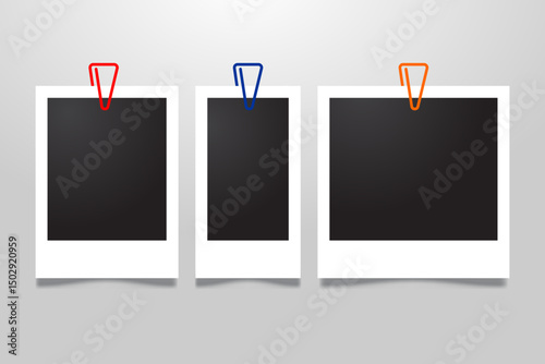 Editable realistic vector polaroid frame with paper clip accent. Perfect for stylish photo collages, scrapbooks, and digital designs.
