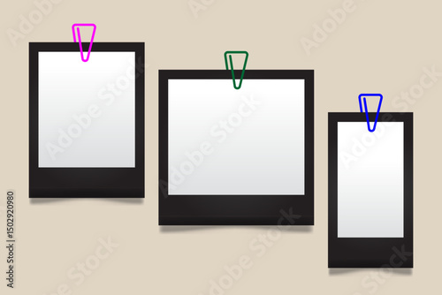 Editable realistic vector black polaroid frame with paper clip accent. Perfect for stylish photo collages, scrapbooks, and digital designs.