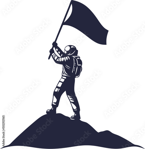 Astronaut planting flag on moon silhouette illustration