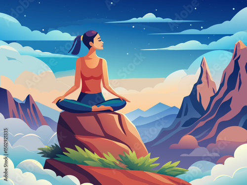 vector of A woman meditating on a mountain rock above the clouds. The lonely journey of a healthy lifestyle. The concept of healthy living