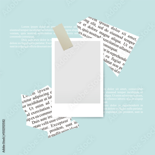 Editable vector polaroid frame with pastel blue background, colorful tape accents, handwritten text, and newspaper collage elements. Perfect for creative scrapbooks, photo collages and digital design