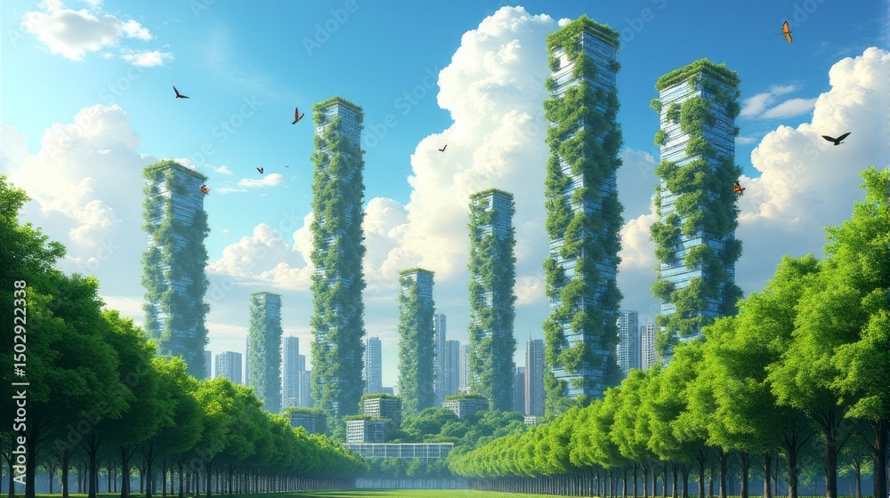 Fototapeta premium Green Revolution in Urban Design Towers Embraced by Thriving Vegetation