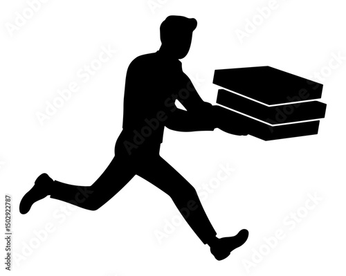 Black silhouette of a running courier holding pizza boxes – fast delivery concept, isolated icon without background, suitable for food service and express shipping themes.