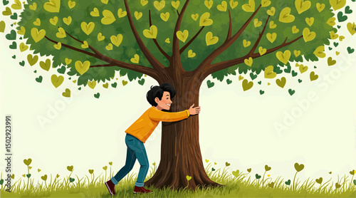 Young boy hugging tree with heart-shaped leaves in a sunny meadow  