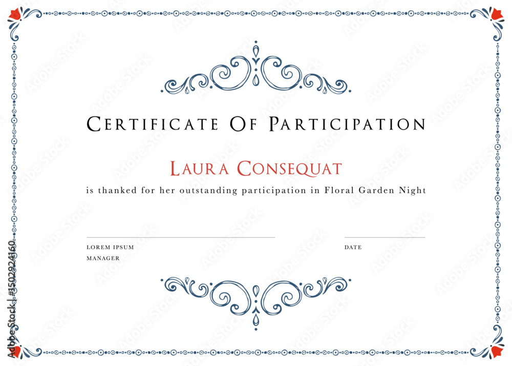 Certificate and ornate frame template. Hand drawn scroll design. For invitation, flyer, poster, cover, business card, banner, email header, post in social networks, advertising. 