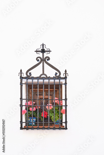 Traditional Spanish Window with Flower Pots on White Wall