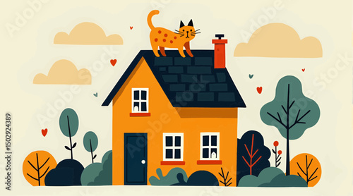 Cute cat sitting on the roof with chimney of colorful house in a vibrant environment  