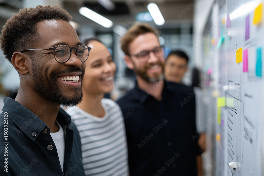 Obraz premium Agentic AI autonomous system. Intelligent agent. Decision making. AI behavior. A Scrum team collaborating in a stand-up meeting with digital task boards.