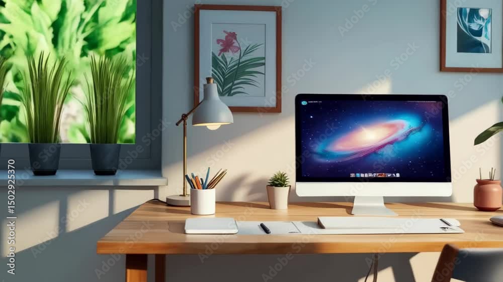 Explore a sleek office computer setup featuring a minimalist desk, vibrant plants, and cutting-edge technology in a well-lit space