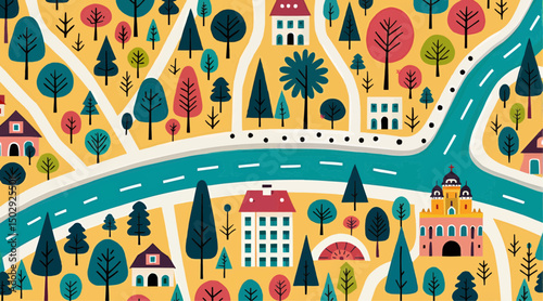 Colorful abstract map illustration with trees and houses   