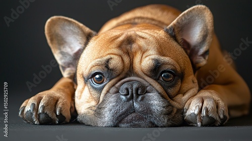 Close-up of a sad French Bulldog lying on a black surface with a dark background, showing detailed facial expression and distinctive breed features