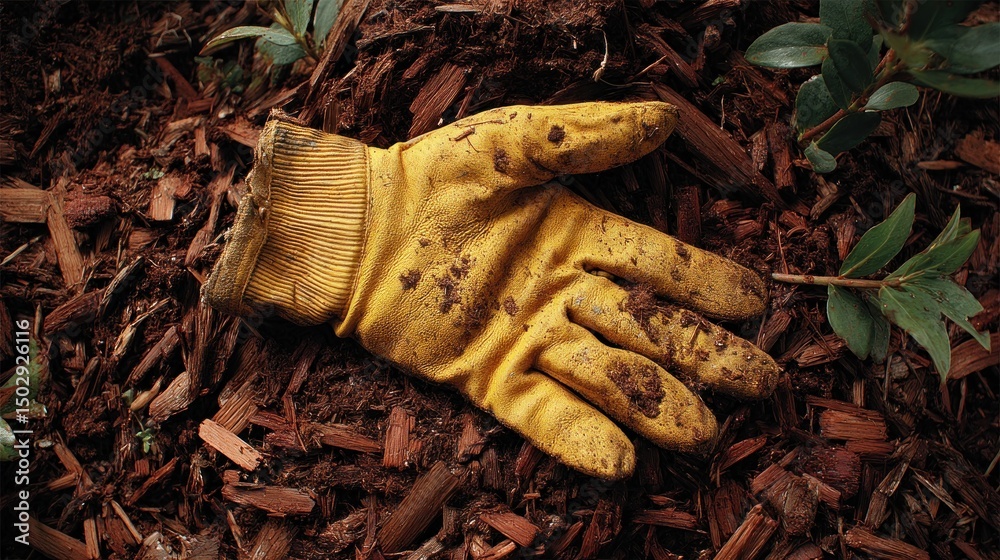 Naklejka premium Gardening glove rests on mulch amidst sprigs of green foliage awaiting planting