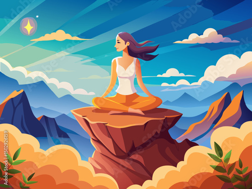 vector of A woman meditating on a mountain rock above the clouds. The lonely journey of a healthy lifestyle. The concept of healthy living