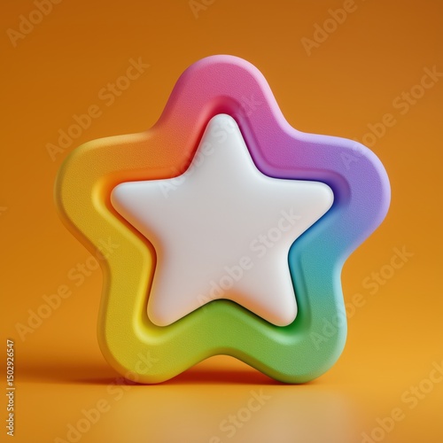 3D Rendering Colorful star-shaped object with a smooth, glossy surface against a vibrant orange background. Sosial media style icon