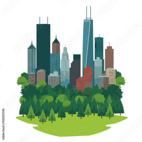 Urban Oasis: City Skyline Emerging from Lush Green Park
