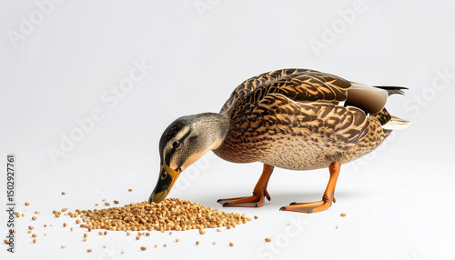 A brown duck eating seed, side view. A mallard duck is eating seed with a white background.