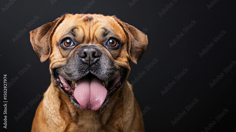 Obraz premium Close-up portrait of a happy brown brindle dog with expressive eyes and tongue out, showing joy and friendly demeanor against a dark background