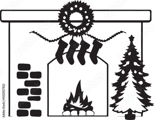 Festive Mantel with Stockings – Black and White Clipart

