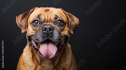 Close-up portrait of a happy brown brindle dog with expressive eyes and tongue out, showing joy and friendly demeanor against a dark background