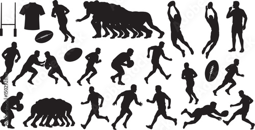 Rugby Silhouette Vector Set of Players, Actions, and Equipment

