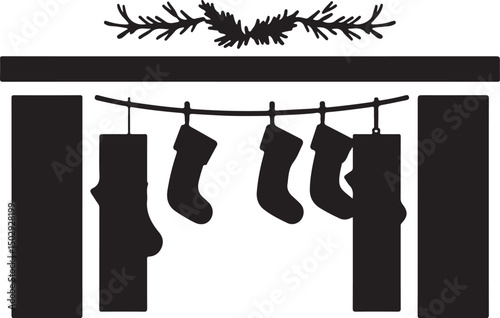 Festive Mantel with Stockings – Black and White Clipart

