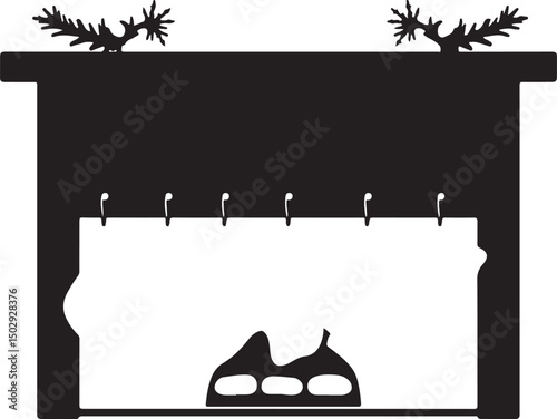 Festive Mantel with Stockings – Black and White Clipart

