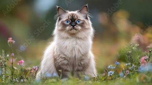 Adorable long-haired cat sitting peacefully in a colorful garden filled with blooming flowers and lush greenery, showcasing natural beauty and feline grace