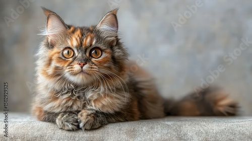 Adorable long-haired domestic cat lying on a soft surface with a blurred gray background showcasing detailed fur and curious expressive eyes