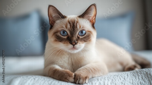 Wallpaper Mural Close-up of a Siamese cat lying on a bed with soft blankets and pillows in a cozy bedroom setting, showcasing its striking blue eyes and cream-torquoise fur pattern Torontodigital.ca