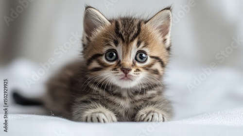 Adorable fluffy tabby kitten with blue eyes lying on soft white surface in bright natural light, cute young feline with striped fur and curious expression