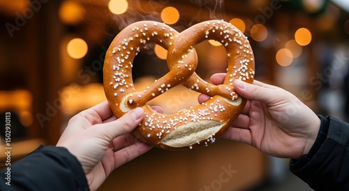 Hands holding a pretzel with salt against a blurred background of lights and a wooden structure