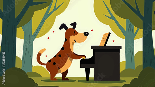 Cartoon dog playing piano in a forest surrounded by trees  