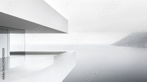 Modern architectural structure overlooking a misty sea.
