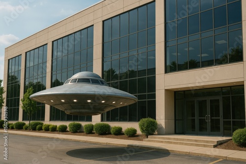 Classic flying saucer parked in front of a modern office building in daylight. Sci-fi concept representing alien encounters, UFO phenomena, and extraterrestrial themes in urban setting
