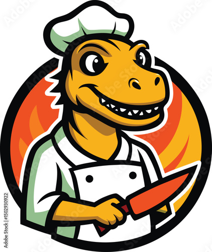 Dino chef mascot Velociraptor in apron and chef hat vector illustration