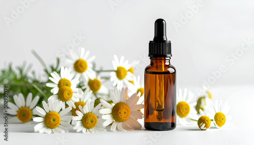 Amber bottle of chamomile essential oil with fresh flowers on white background
