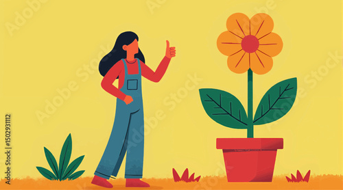 Young woman standing next to large flower pot in colorful garden  