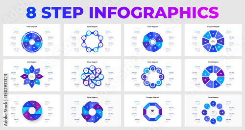 Collection of 8 Step Infographic Templates for Business and Presentation Design. Ideal for visualizing eight step processes, business strategies, and presentation concepts