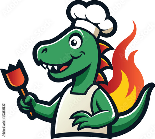 Dinosaur chef mascot cooking steak for restaurant vector illustration
