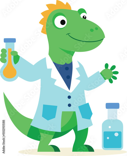 Dino scientist mascot with lab coat and test tubes vector illustration