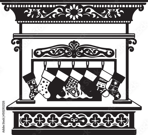 Christmas Mantel Decor with Stockings – Vector Art