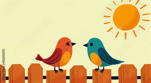 Two colorful birds perched on a wooden fence under the sun  