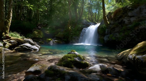 Sunlit Waterfall in Lush Green Forest, Clear Teal Pool, Mossy Rocks