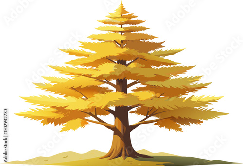 Metasequoia glyptostroboides Gold Rush, a deciduous conifer with golden yellow needles, isolated on white. 