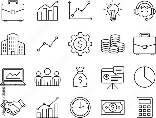 Collection of Business and Finance Line Art Icons Growth and Success