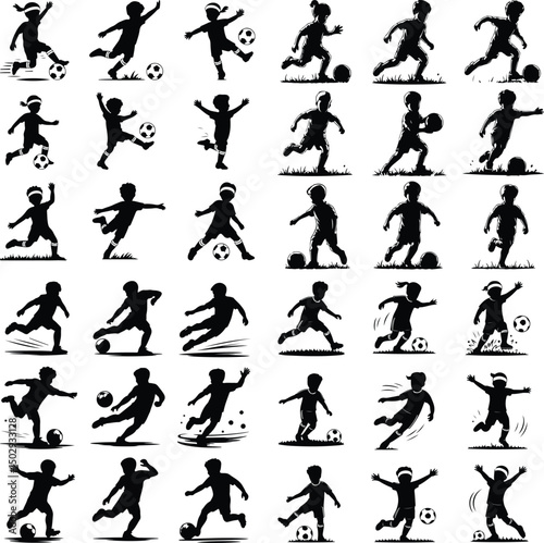 Kids Playing Football Silhouette Set – Soccer Boys & Girls Vector Pack Children Football Silhouettes – Fun Outdoor Sports Activity Graphic Set