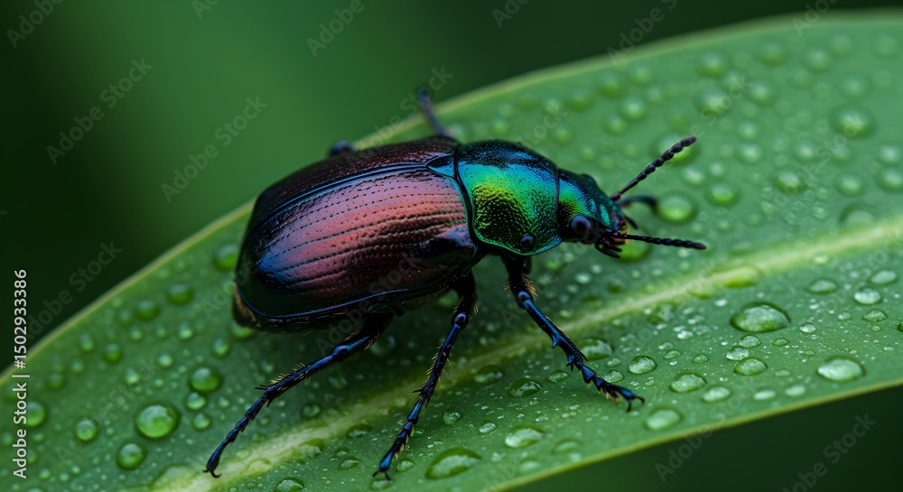 Fototapeta premium Iridescent Beetle on Leaf with Water Droplets