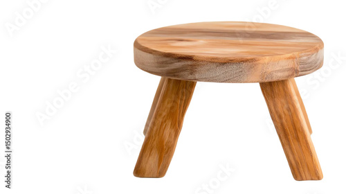 Wooden stool with a round top and three legs, perfect for home decor or minimalist design, isolated on a white background. photo