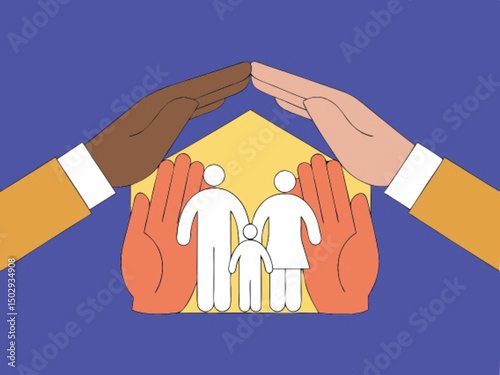 A symbolic vector illustration of a family home in loving hands, representing real estate, mortgage, and the concept of people, including mother, father, son, and daughter, within their house
