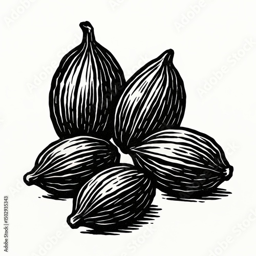 Black and White Woodcut Illustration of Cardamom Pods